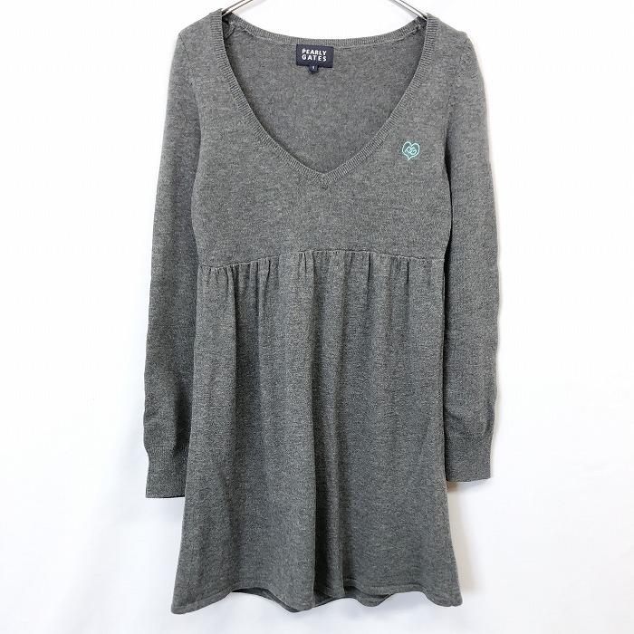 パーリーゲイツ PEARLY GATES 薄手 プルオーバー ニット チュニック Vネック ウエストゴム 長袖 ウール100% 1 ヘザーグレー レディース | PEARLY GATES