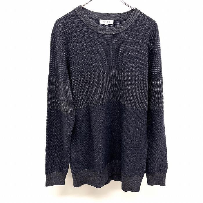 【新品】PLST 若干薄手 ニット セーター パネルボーダー 丸首 長袖 アクリル×ウール×ナイロン M ネイビー×グレー系 紺 メンズ 男性 | PLST