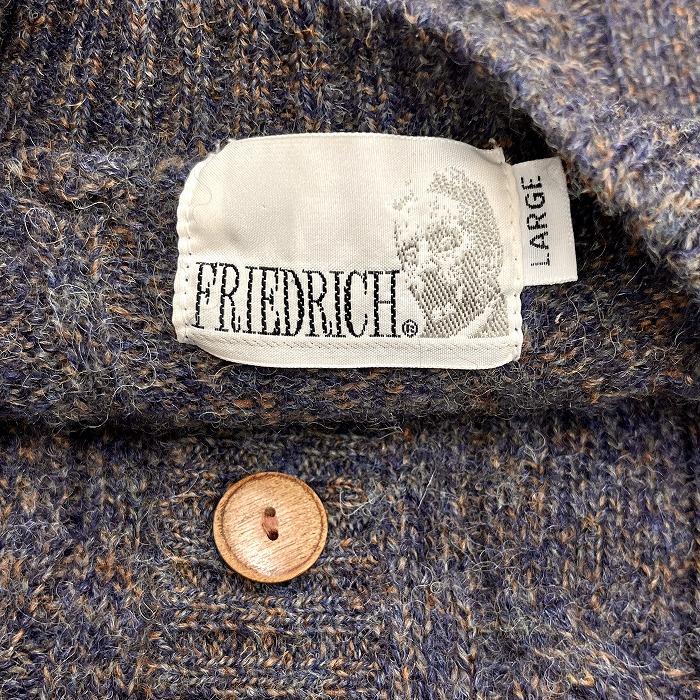 FRIEDRICH ケーブルニット カーディガン ウッドボタン留め Vネック 長袖 ニューウール100% L メランジ ネイビー×ブラウン × ...