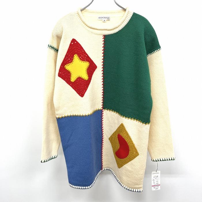 ゲイギブソン 【新品】GAY GIBSON ニットチュニック セーター 長袖 ベルクロ留めの肩パッド 毛100% 11AR L 生成り×緑×赤×黄 レディース | 
