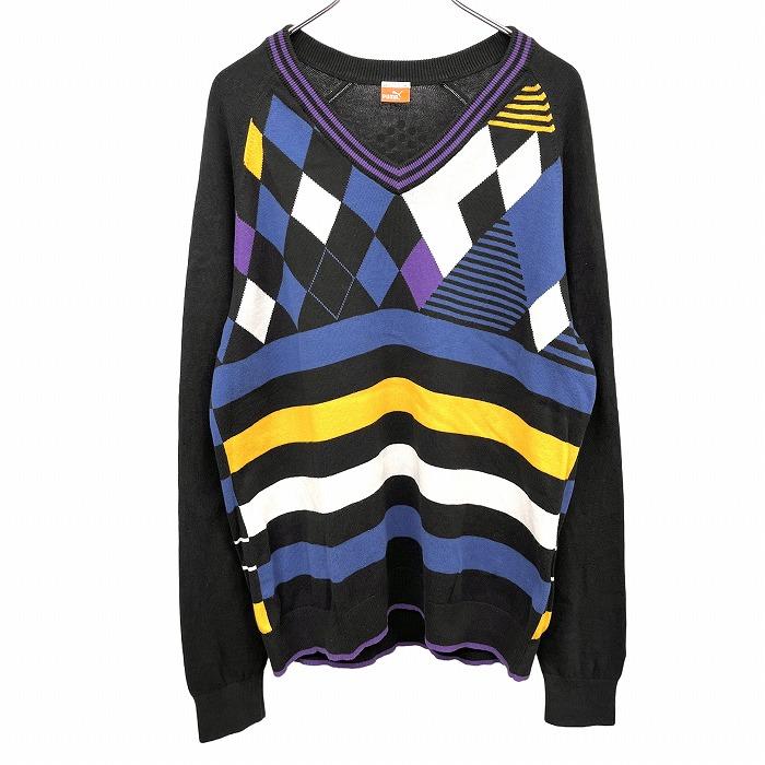 PUMA ストライプ Vネックセーター Lサイズ PUMA ストライプ Vネックセーター Lサイズ 3L-4L】深Vネックニットプル