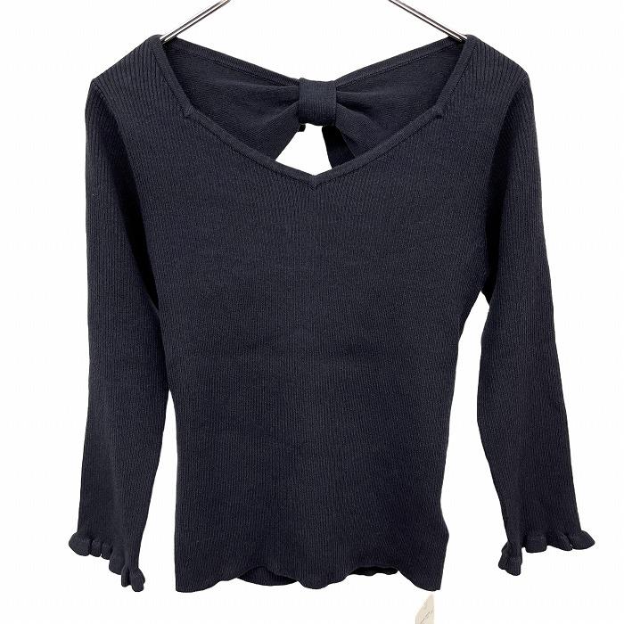 JILL by JILL STUART 薄手 リブニット セーター ペンタゴンネック 後ろリボン 7分袖 ストレッチ 綿×レーヨン等 F 紺 レディース