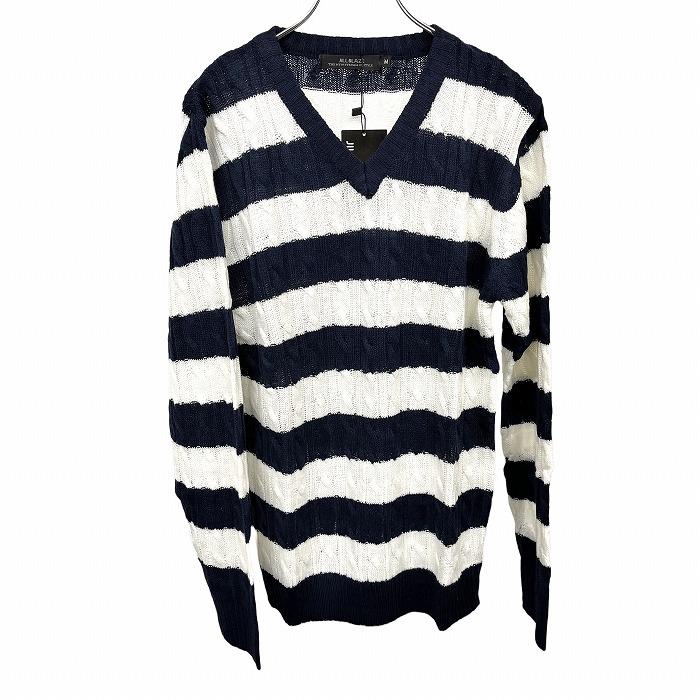 ジルブレイズ 【新品】JILL BLAZE ケーブルニット セーター ボーダー Vネック 長袖 アクリル100% M ネイビー 紺×白 メンズ(レディース？) | JILL BLAZE