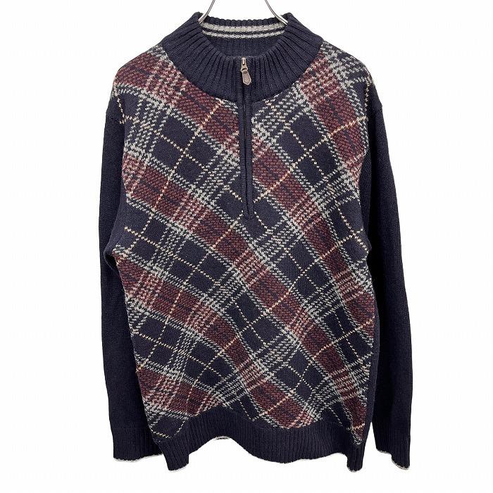 CAFE SOHO ニット セーター ハーフジップ モックネック チェック 長袖