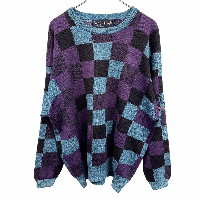プリングル Pringle ニット セーター ブロックチェック 長袖 スコットランド製 古着 ウール×アクリル M パープル 紫×杢青×黒 メンズ | 