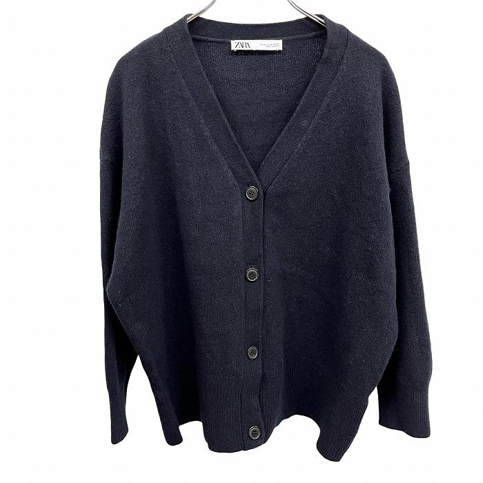 ネイビー ボタン付きカーディガン ZARA ザラ カーディガン ニット ボタン留め Vネック 長袖 無地