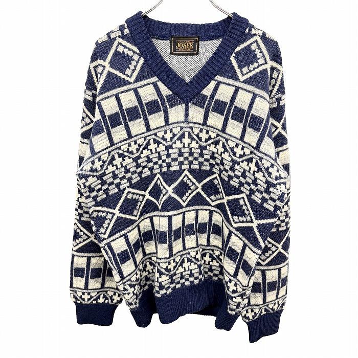 JOSER 総柄ニット セーター Vネック 長袖 プルオーバー ロングスリーブ アクリル×ナイロン ブルー 青×グレー×オフホワイト メンズ | 
