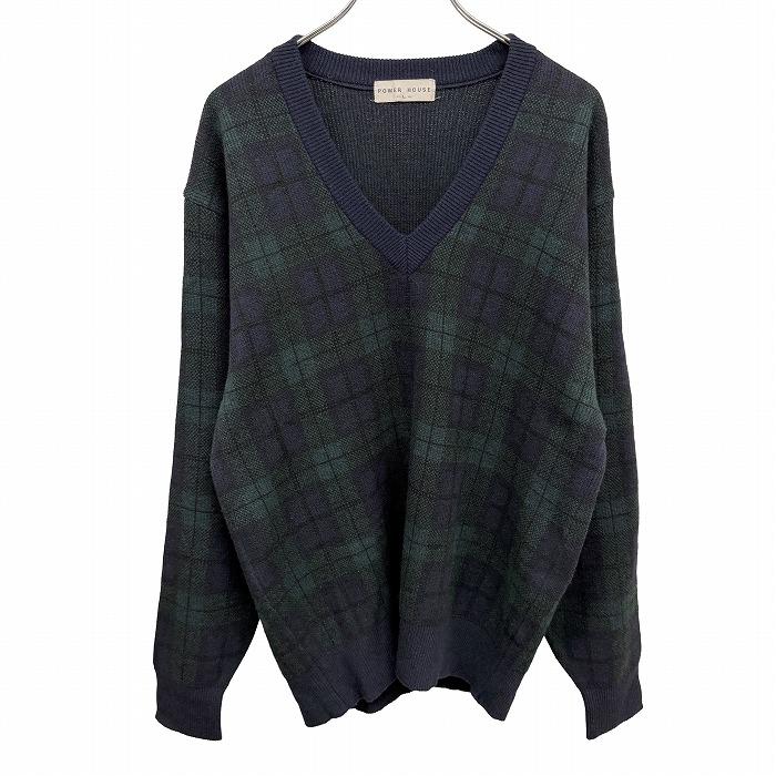 POWER HOUSE Vネックセーター ニット チェック 長袖 日本製 毛×ナイロン L グリーン×ネイビー×ブラック 緑×紺×黒 メンズ | 