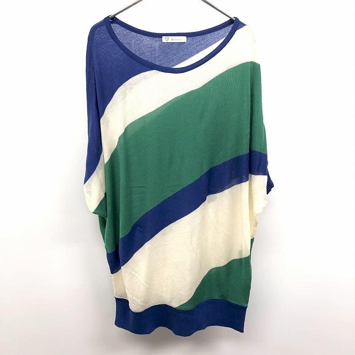 THE SHOP TK MIXPICE - F レディース 女性 薄手 プルオーバー ニット セーター ドルマンスリーブ 5分袖 アクリル100% 青×緑×オフホワイト | THE SHOP TK