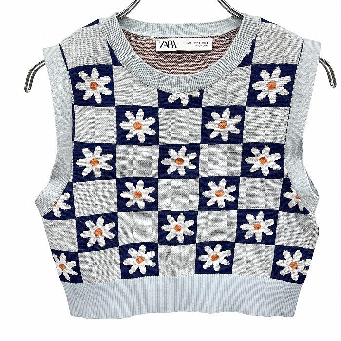 ZARA（ザラ） ニットベスト ノースリーブ 花柄×ブロックチェック 着丈