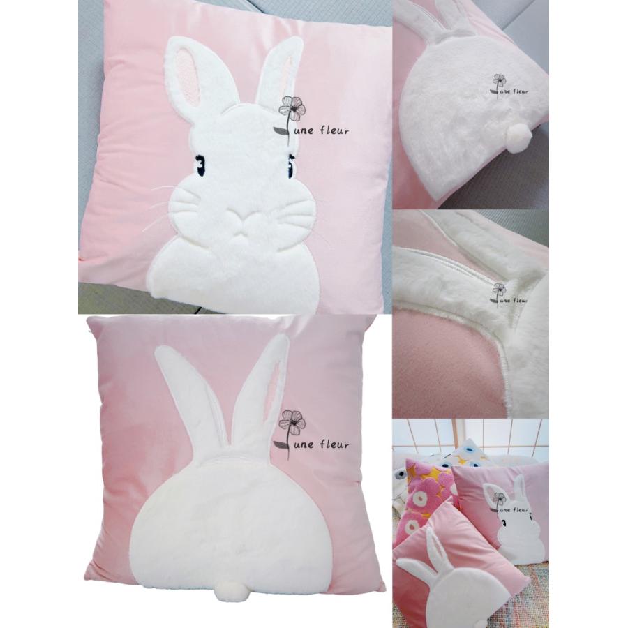 うさぎ型クッション 春色花柄刺繍　アメリカン雑貨 クッションカバー うさぎ 2枚セット（ピンク色）（おもて＆うしろ