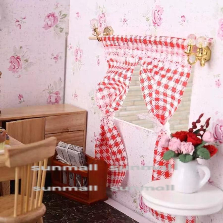 イチゴのカフェカーテン コラージュ のれん ミニチュア ドールハウス はるかな国 1点のみ】【4色から選べる】ミニチュアカーテン 布製 1/6・1/12