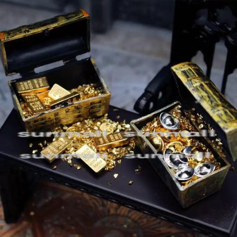 1セット】【2タイプを選べる】海賊風ミニチュア宝箱 金塊＆コイン付き