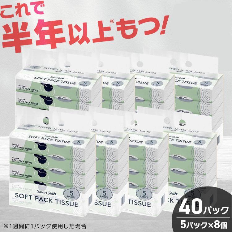 ティッシュ ティッシュペーパー 箱ティッシュ 150組 ティシュペーパー 40個 5P×8個 備蓄 家庭用 ソフトパックティッシュ (D)（Yahoo!・ゆにでのこづち Yahoo!店）