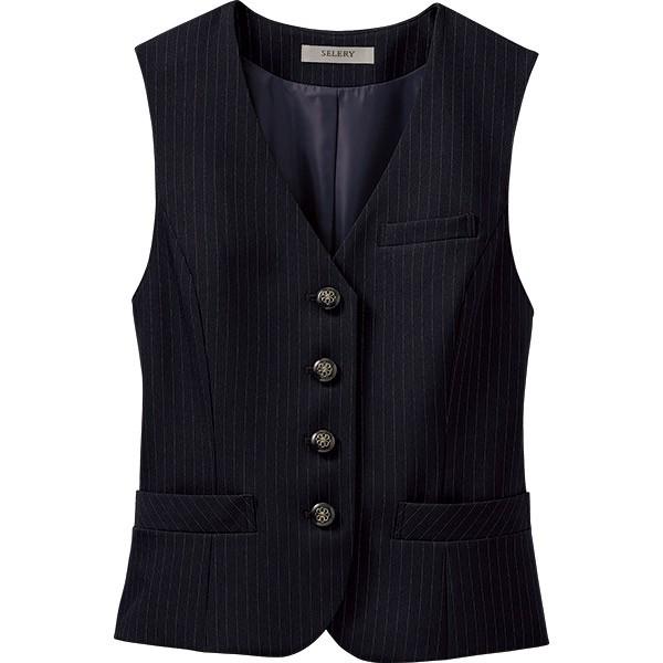 【家庭洗濯OKで高機能！】事務服ベストスーツ セット ベスト S-04021 Ａラインスカート S-16401 ピンドットストライプ セロリーの画像