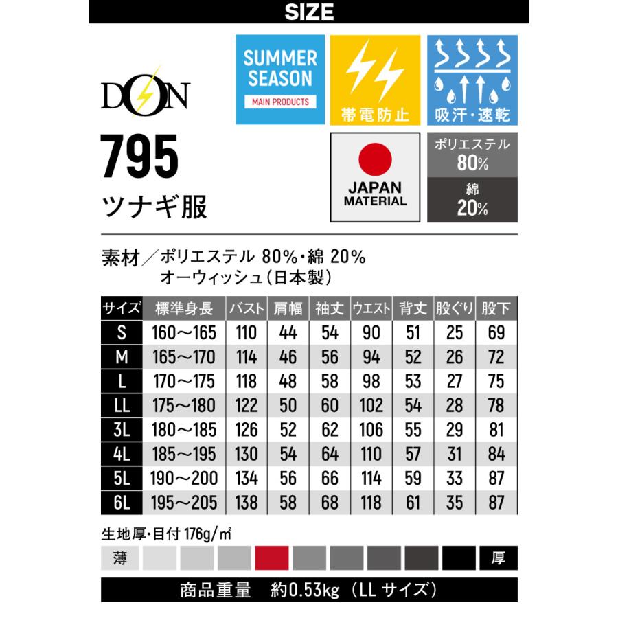 ヤマタカ ツナギ服 795 長袖 日本製生地 帯電防止 吸汗速乾 脇メッシュ