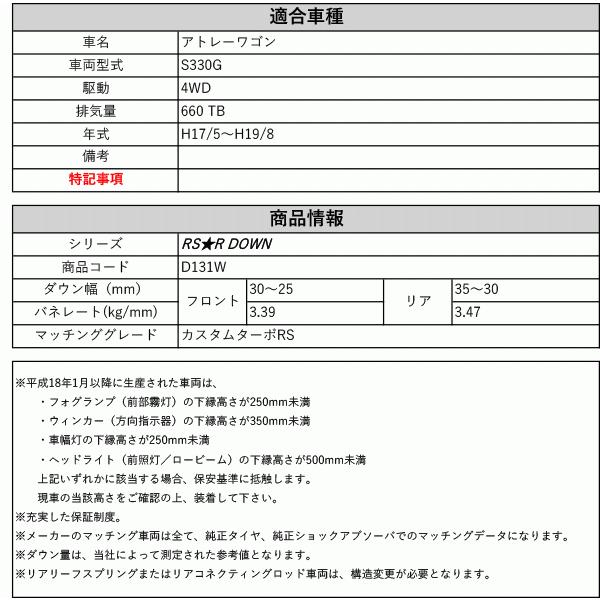 [RS-R_RS★R DOWN]S330G アトレーワゴン_カスタムターボRS(4WD_660 TB_H17/5〜H19/8)用車検対応ダウンサス[D131W]の画像