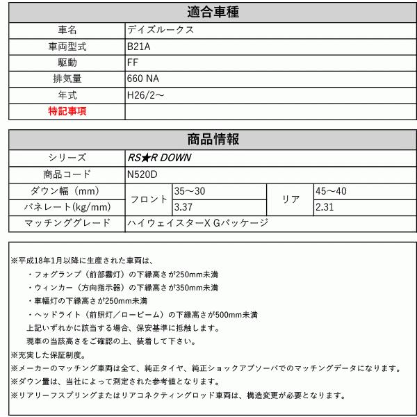 [RS-R_RS★R DOWN]B21A デイズルークス_ハイウェイスターX Gパッケージ(2WD_660 NA_H26/2〜)用車検対応ダウンサス[N520D]の画像