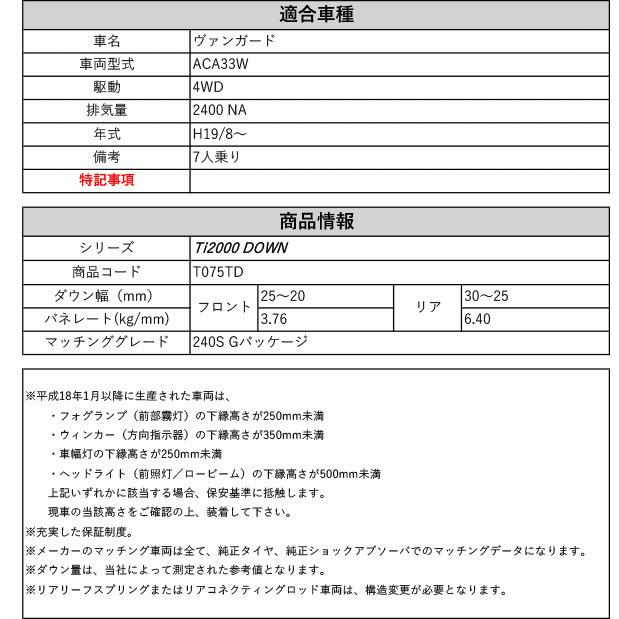 [RS-R_Ti2000 DOWN]ACA33W ヴァンガード_240S Gパッケージ(4WD_2400 NA_H19/8〜)用車検対応ダウンサス[T075TD]_1