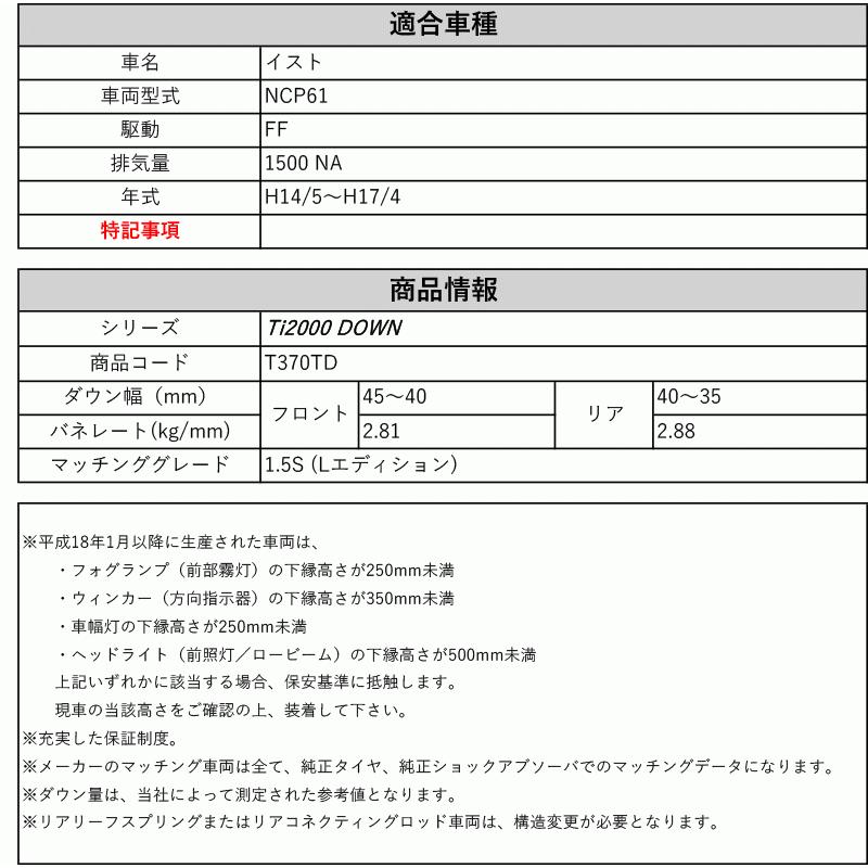 [RS-R_Ti2000 DOWN]NCP61 イスト_1.5S(2WD_1500 NA_H14/5〜H17/4)用車検対応ダウンサス[T370TD]_1