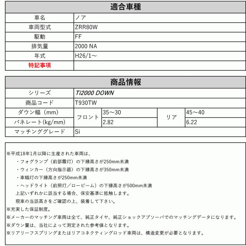 [RS-R_Ti2000 DOWN]ZRR80W ノア_Si(2WD_2000 NA_H26/1〜)用車検対応ダウンサス[T930TW]の画像