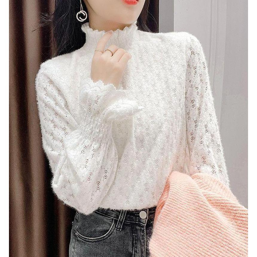 レースブラウス レディース ハイネック フレア袖 長袖 裏起毛追加