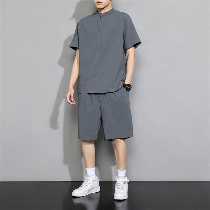 綿麻上下セット メンズ 甚平風 セットアップ Tシャツ ショートパンツ 