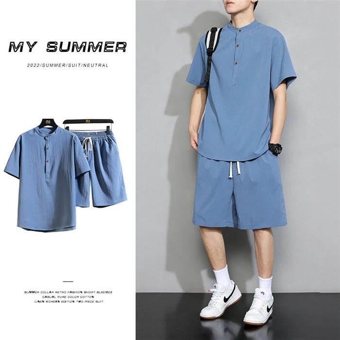 綿麻上下セット メンズ 甚平風 セットアップ Tシャツ ショートパンツ 