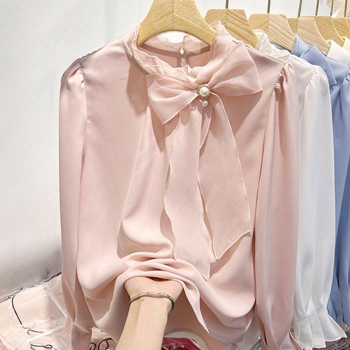 ブラウス レディース 長袖 ボウタイ リボン プチハイネック トップス