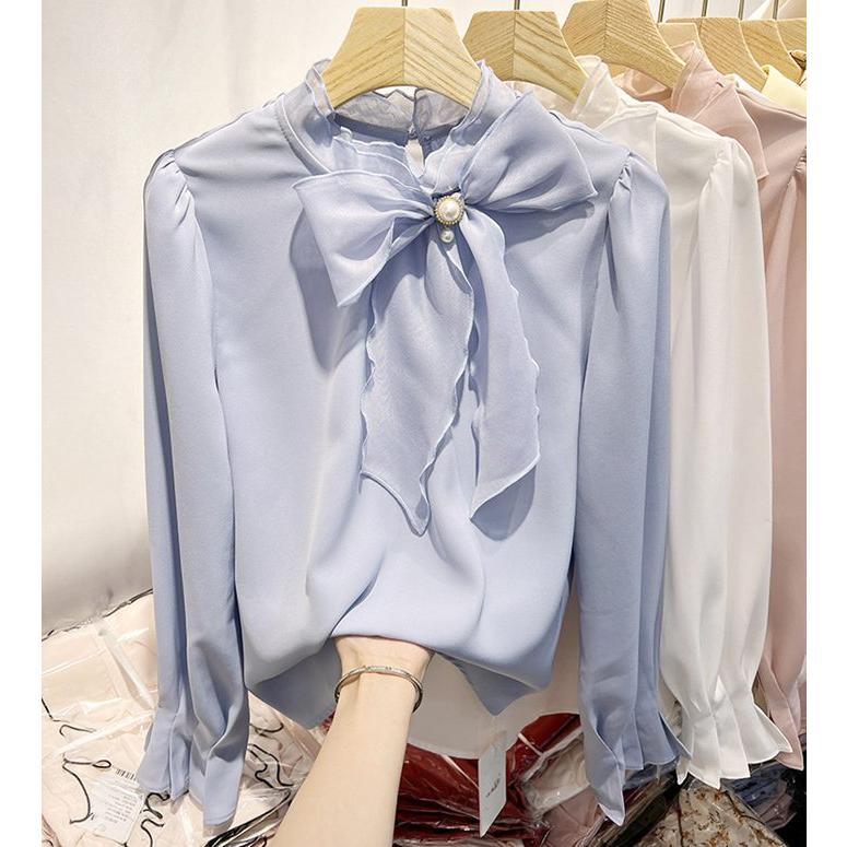 ブラウス レディース 長袖 ボウタイ リボン プチハイネック トップス