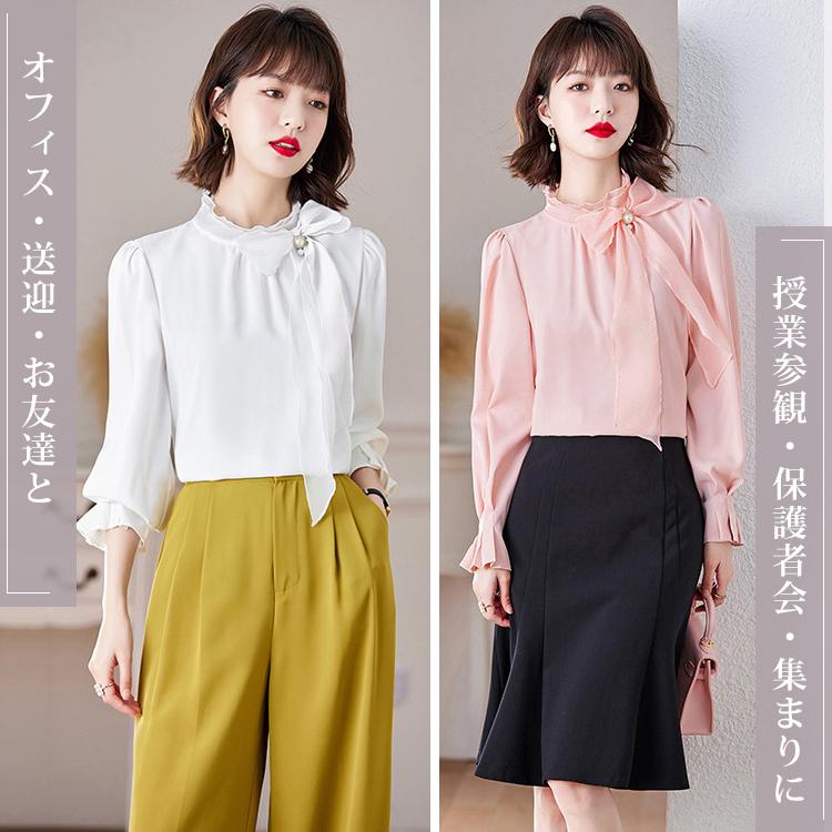 ブラウス レディース 長袖 ボウタイ リボン プチハイネック トップス