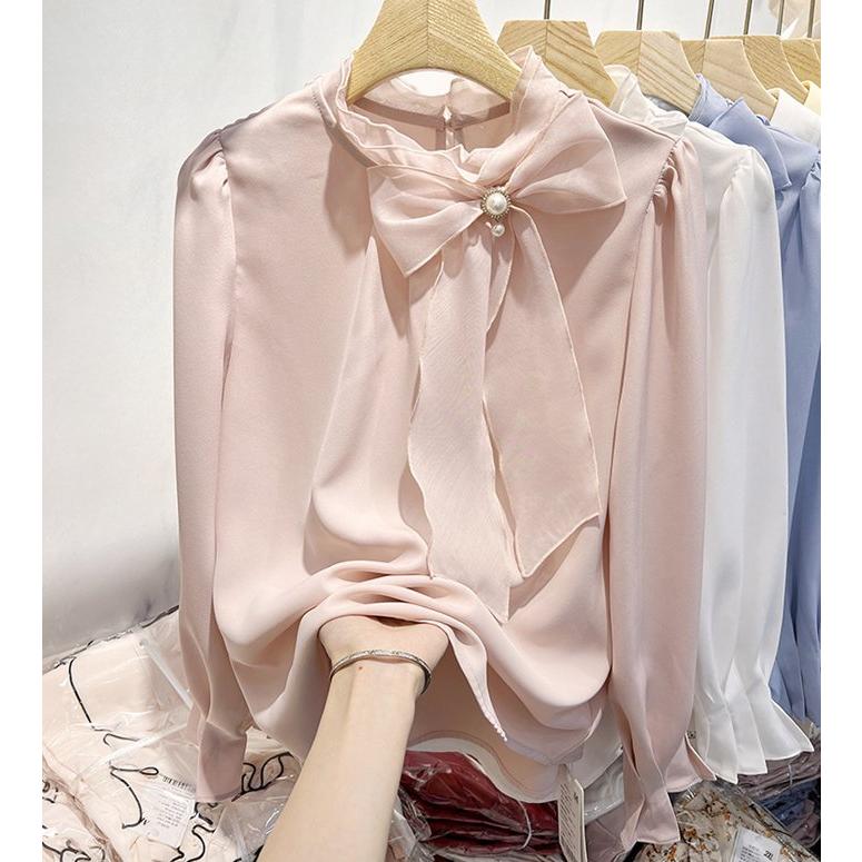 ブラウス レディース 長袖 ボウタイ リボン プチハイネック トップス