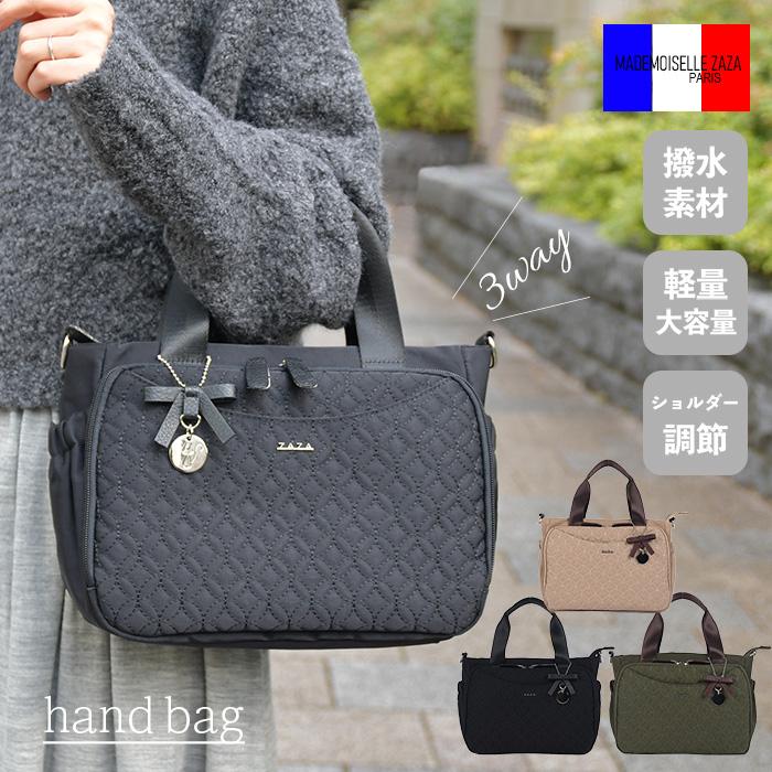 ZAZA 3way キルティング ハンドバッグ 猫チャーム付き ポシェット