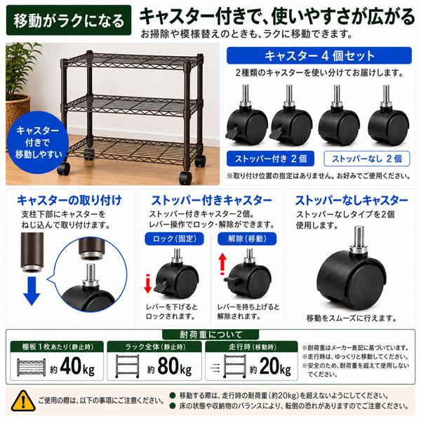 スチールラック 幅60cm 奥行35cm 3段 キャスター付き メタルラック
