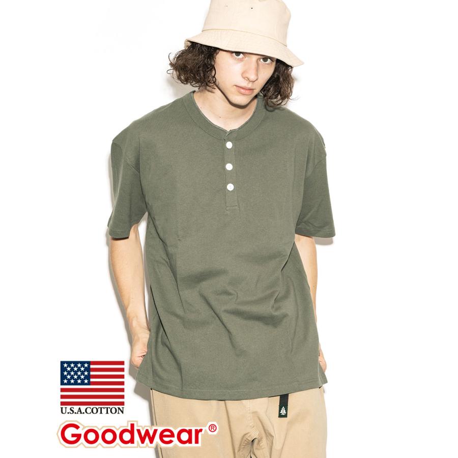 Goodwear 公式 Tシャツ メンズ レディース 7.6オンス USAコットン ヘンリーネック 無地 爆買