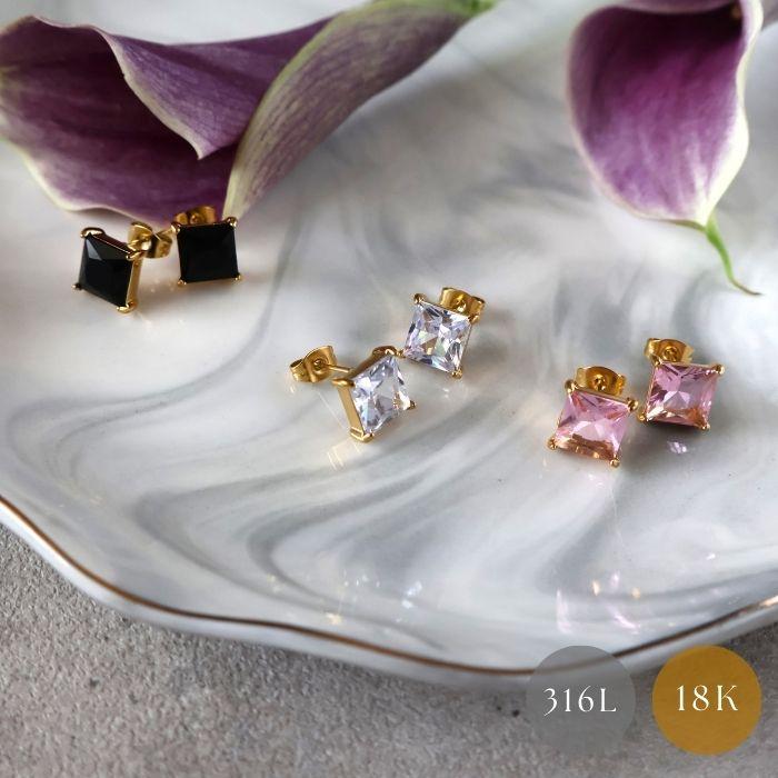 スクエアダイヤピアス サージカルステンレス 18K 18金 大粒ダイヤ 