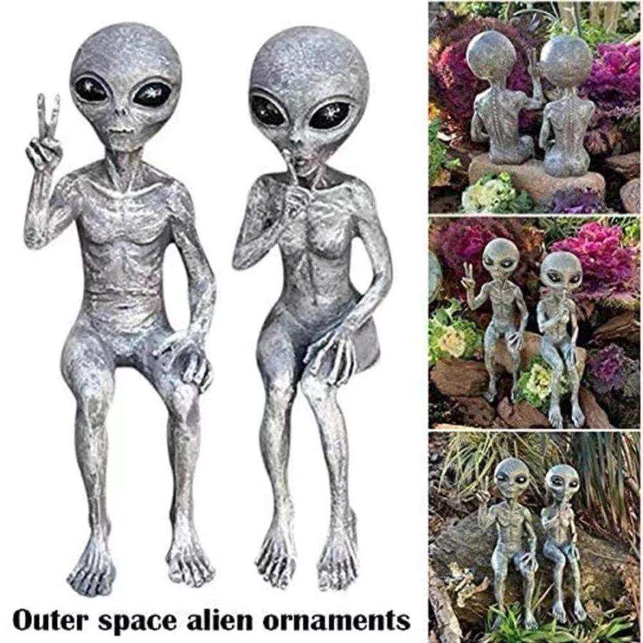 UFO 宇宙人 樹脂 彫像 エイリアン カップル 花園 置物 2体セット