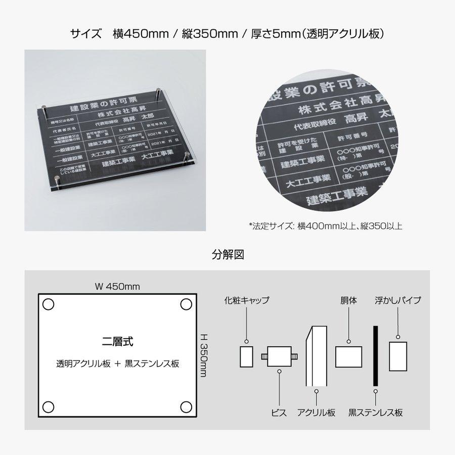 建築士事務所登録票横450mm×縦350mm　選べる書体　お洒落な二層式許可票　gs-pl-jms-t-black