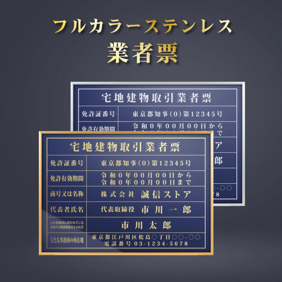 宅地建物取引業者票 看板 業者票 看板 高級 許可票 法令 カラー：紺色 金/銀文字 事務所用 標識 サイン 建設業許可票 gs-pl-navy-tr｜universalstore｜05