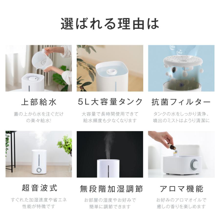 加湿器 超音波加湿器 卓上 ダイヤル式 除菌 大容量5L 無階段ミスト量