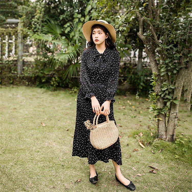 ワンピースドレス レディース 春秋 マキシ丈 ドット柄 シルク風 長袖 リボンネック ロング丈ワンピース きれいめ 韓国風 結婚式 ドレス 着痩せ オシャレ 限定価格セール
