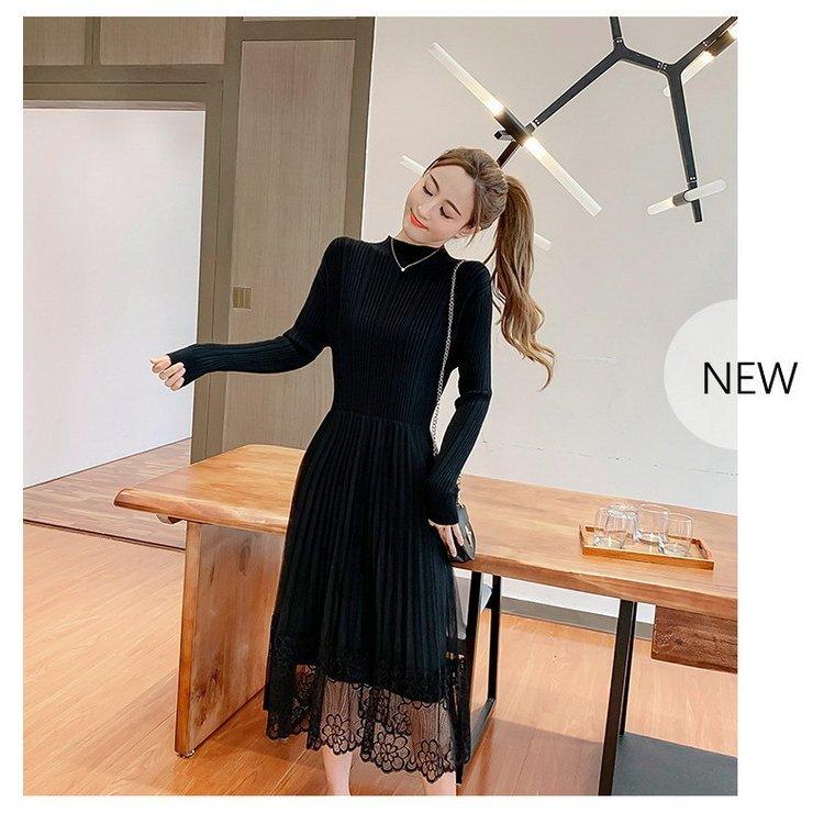 ニットワンピース レディース 40代 秋冬 長袖ワンピース レースニット ボトルネックニットワンピース 黒 ロング丈スカート 無地セーター オシャレ 韓国風 大人 全品送料無料