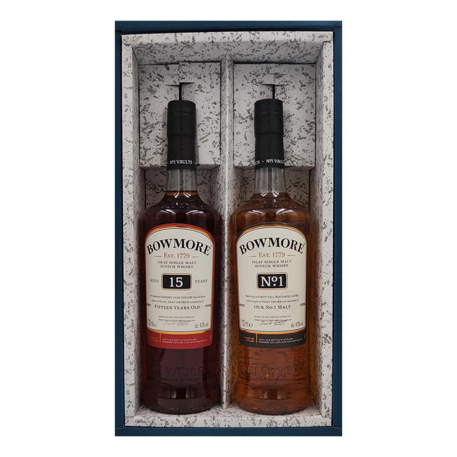 お酒 ギフト プレゼント ウイスキー アイラ シングルモルト ボウモア BOWMORE 15年 43度 700ml & ボウモア No.1 40度 700ml かぶせ箱入り 2本セット | 