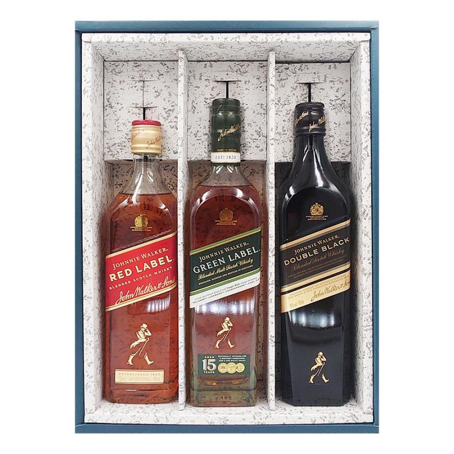 お酒 ギフト プレゼント ウイスキー ブレンデッド ジョニーウォーカー グリーン 15年 700ml & ダブルブラック & レッドラベル かぶせ箱入り 3本セット | 