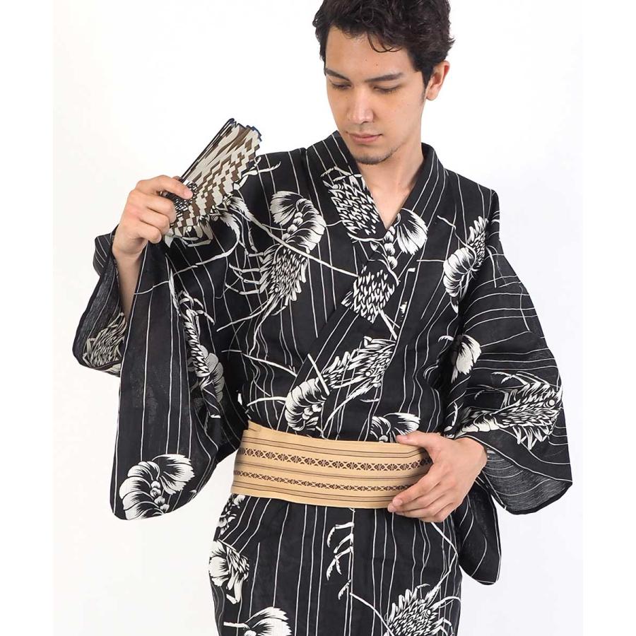 浴衣 メンズ/送料無料/日本製高級生地/浴衣 +帯+下駄+腰紐/高級・お仕立て上がりメンズ浴衣4点セット/海老/黒地/白/_2