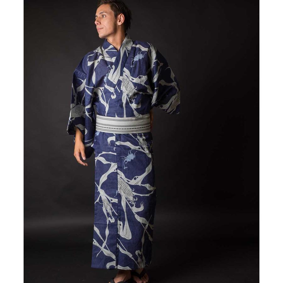 浴衣 メンズ/送料無料/日本製高級生地/浴衣 +帯+下駄+腰紐/高級・お仕立て上がりメンズ浴衣4点セット/玉蜀黍/紺地/グレー/_1