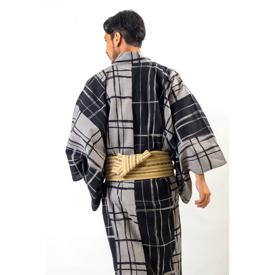 男浴衣セット/浴衣+帯+下駄+腰紐/高級綿麻[Ummm.綿麻++][グレー×黒