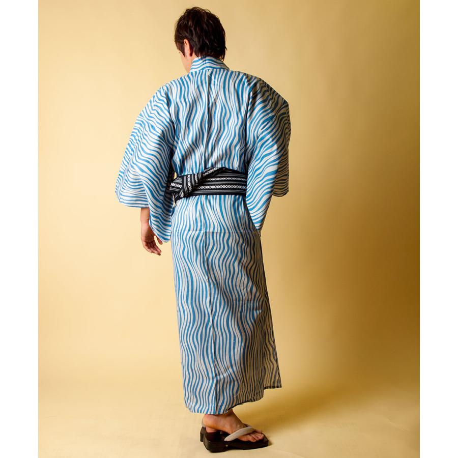 浴衣 メンズ/送料無料/浴衣+帯+下駄+腰紐/日本製高級綿麻生地波柄[オフ