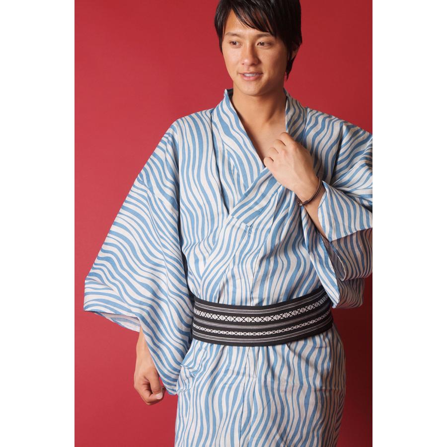 浴衣 メンズ/送料無料/浴衣+帯+下駄+腰紐/日本製高級綿麻生地波柄[オフ