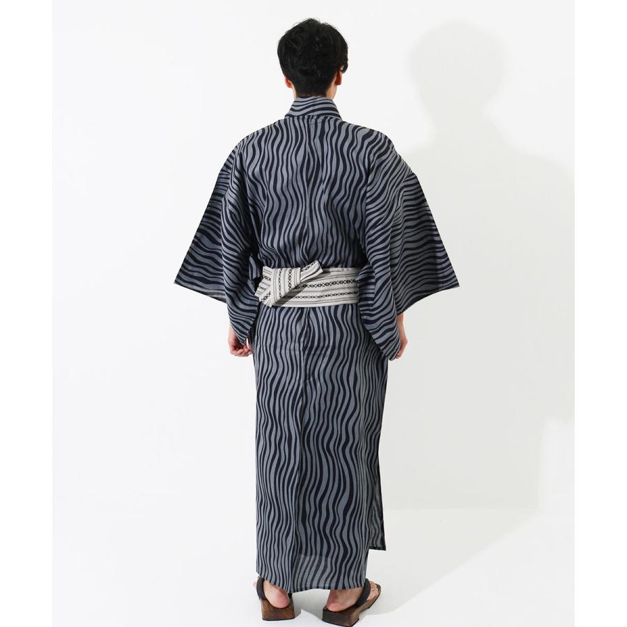 送料無料/浴衣+帯+下駄+腰紐/日本製高級綿麻生地波柄[グレー×ブラック